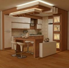 a modern kitchen with white cabinets and wooden flooring is lit by recessed lights