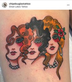 three women with flowers in their hair tattoo on the side of a woman's thigh