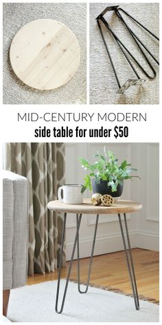 the side table for under $ 50 is made from wood and metal, with three different angles