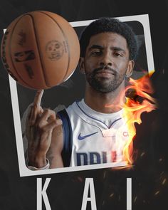 a man holding a basketball in his right hand and fire on the ground behind him