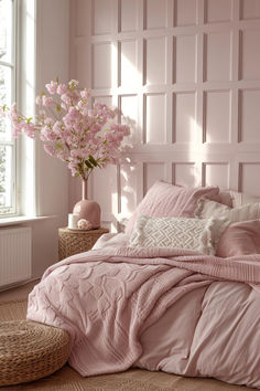 a bed with pink sheets and pillows next to a basket full of flowers on the floor