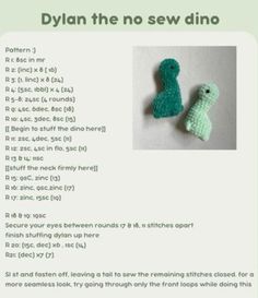 a crocheted toy is shown with instructions on how to sew the dinosaur