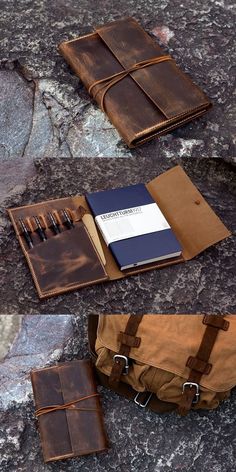 three leather notebooks, one with a notepad and pen