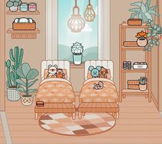 two beds in a room with plants and potted plants