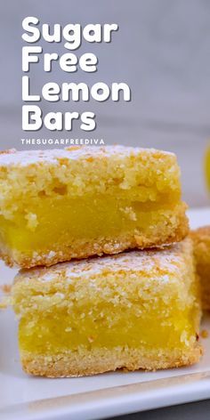 three lemon bars stacked on top of each other with the words sugar free lemon bars above them