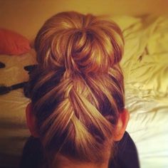 Lovely. Wish I had more skills in the hair department. Until then, I'll keep practicing with Pinterest! Long Hair High Bun, Hair Updo High, High Bun Braid, Updo High, Updo For Wedding, Sock Bun Hairstyles, Bun Braid, Upside Down Braid, Dance Hair