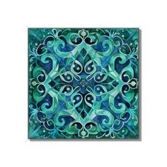 a blue and green square tile with swirls on the bottom, in an ornate pattern