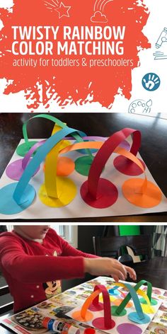 a child is playing with colorful paper and scissors