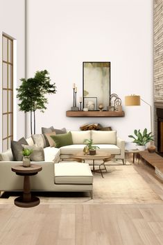 a living room filled with furniture and a fire place in the middle of a room