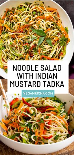 Change up your pasta salad rut with this fragrant Mustard Chili Oil Tadka Spaghetti Salad Bowl! It's bursting with flavor yet made with simple ingredients! Try it today! Vegan Noodle Salad, Tofu Noodle Bowl, Vegan Asian Noodle Salad, Noodles Chili Oil, Vegan Macorina Salad, Vegan Spaghetti, Spaghetti Salad, Noodle Salad Recipes, Vegan Entree