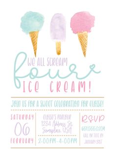 an ice cream party flyer with three scoops of ice cream