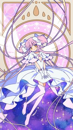 an anime character is standing in front of a purple background with stars and circles around her