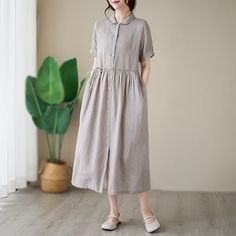 Women's Cotton Linen Dress Crew Neck Short Sleeve Single Breasted Midi Dress Solid Dress Casual Non-stretch Short Sleeve Maxi Dress, Casual Non-stretch Maxi Dress With Short Sleeves, Solid Non-stretch Midi Length Dress, Solid Color Non-stretch Midi Dress, Summer Shift Shirt Dress In Midi Length, Casual Short Sleeve Dresses For Daywear, Casual A-line Shirt Dress For Dress Down Occasions, Vintage Midi Length Dress For Spring, Casual Short Sleeve Maxi Dress For Summer