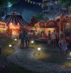 an artist's rendering of a carnival at night, with people standing around the fairground