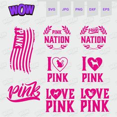 pink stickers with the words i love pink and two hearts, one for each other