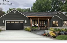 this is an artist's rendering of the front view of a house with two garages