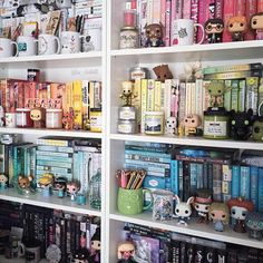 the shelves are filled with many different kinds of books and figurines on them