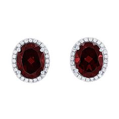 Deep red tones create these striking stud earrings, featuring two garnets totaling 7.90 carats accented by halos of round brilliant cut diamonds totaling 0.35 carats. Formal Red Earrings With Diamond Accents, Red Halo Design Earrings For Formal Occasions, Formal Red Halo Design Earrings, Red Halo Earrings For Formal Occasions, Red Pave Setting Jewelry For Formal Occasions, Red Jewelry With Pave Setting For Formal Occasions, Red Formal Jewelry With Pave Setting, Red Halo Setting Earrings For Formal Occasions, Red Diamond Earrings