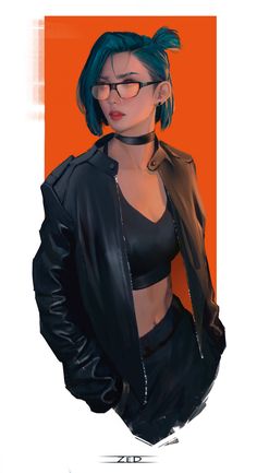 a drawing of a woman with blue hair wearing glasses and a leather jacket, standing in front of an orange background