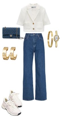 a white shirt, jeans and gold accessories are arranged in the shape of a woman's outfit