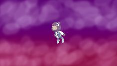 a cartoon character flying through the air on a purple and red background with white clouds