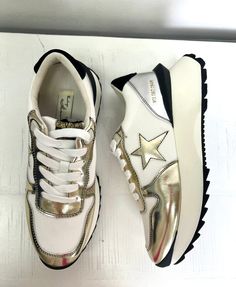 Major 23 Black/Silver/Gold Sneaker – Ribbon Chix Gold Sneakers, Vintage Havana, Cute Sandals, Platform Sneakers, Havana, Black Silver, Silver Gold, Heel Height, Lace Up