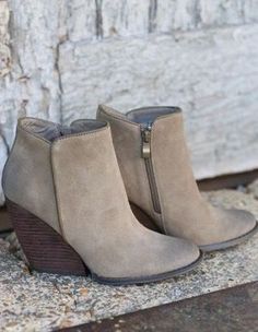 Love these booties for fall! Fall Wedges, Taupe Shoes, Nude Boots, Taupe Boots, Stitch Fix Outfits, Grey Suede, Boots Fall, Taupe Color, Crazy Shoes