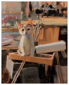 a painting of a cat sitting on top of a wooden chair in front of a table