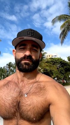 a shirtless man with no shirt on standing in front of palm trees and blue sky