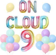 On Cloud 9 Birthday Decorations PACKAGE INCLUDED : 1 on cloud foil balloon, 1 number 9 foil balloon, 15 pastel latex balloons. On Cloud 9 Balloons: The digital 9 foil balloon 40 inches can float with helium, but the letter on cloud foil balloons 16 inches cannot float with helium, you could inflate them with air and stick or hang them on the wall, windows as decorations.  Warm Tips: The letter "O" balloon looks like letter "U" when deflated, please don't worry and gently inflate them. Once inflated, they will be correct "ON CLOUD 9". Warning: Choking hazard! Children under 12 years old can choke on not inflated or broken balloons! Adult supervision required! Keep not inflated balloons from children! Discard broken balloons at once. Decorate your get-together with other party pieces from ou On Cloud 9 Birthday, Cloud 9 Birthday, 9 Birthday, Cloud Rainbow, 1 Number, Number 9, Rainbow Cloud, 9th Birthday, Cloud 9