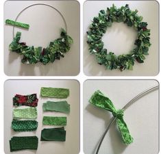 four pictures showing how to make a christmas wreath with green ribbon and poinsettis