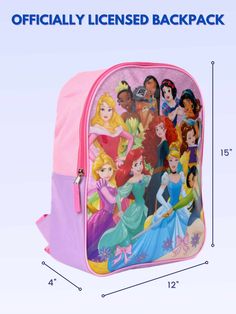 Disney Princesses Pink Backpack 15" Mulan Ariel Mulan Belle. Backpack featuring a large graphic print of Disney princesses: Rapunzel, Ariel, Cinderella, Mulan, Belle, Merida, Aurora, Tiana, Pocahontas, Snow White, and Jasmine. Includes one main zippered compartment. Made of durable, sturdy canvas material. Adjustable, padded shoulder straps, includes a top handle Backpack measures approximately: 15" x 12" x 4.5" . For children ages 3+. Officially licensed Disney merchandise. Disney Standard Backpack For End Of School Year, Disney Backpack For End Of School Year, Pink Disney Backpack For Fan Events, Pink Disney Backpack For Back To School, Pink Disney Backpack For Disney Fan Events, Disney Style Multicolor Standard Backpack, Disney Character Print Bags For Back To School, Disney Character Print Back To School Bags, Character Print Standard Backpack