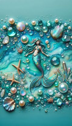 the mermaid is surrounded by shells and pearls