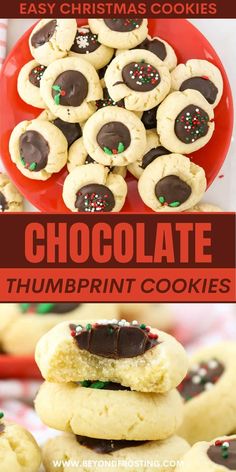 chocolate thumb cookies stacked on top of each other with the words, easy christmas cookies