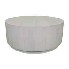 a white round table with wood grain on the top and bottom, sitting in front of a white background