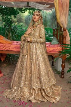 Bridal Wear Golden Lehenga Gown for Indian Bridal Wear Golden Bridal Lehenga, Walima Dresses, Golden Lehenga, Pakistani Bridal Dress, Indian Wedding Gowns, Walima Dress, Lehenga Gown, Latest Bridal Dresses, Bridal Dresses Pakistan