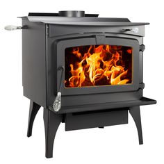 a black stove with flames on the top and bottom part, in front of a white background