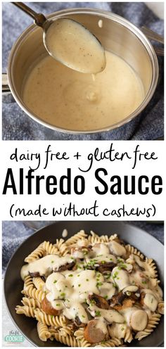 an image of alfredo sauce in a pan with text overlay that reads dairy free and gluten - free alfredo sauce made without cans