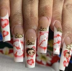 Airbrush Set Nails, Square Airbrush Nails, Low Rider Nails, Oldies Nails, Chicano Nails, Betty Boop Nails, Swaggy Nails, Retro Nails, La Nails