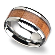 Reworked cherry wood pairs with a shiny, beveled-edge tungsten band for a sleek, trim look. 10mm. Koa Wood Ring, Wooden Rings Engagement, Wedding Band Ideas, Wood Wedding Ring, Men's Wedding Rings, Band Ideas, Rings Men, Tungsten Wedding Rings, Men's Wedding Bands