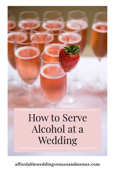 wine glasses filled with champagne and strawberries on top of a white table text reads how to serve alcohol at a wedding