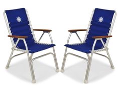 two folding chairs with wooden arms and blue fabric seat covers are facing each other on a white background