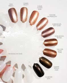 The Beauty Look Book: Color Focus | Bronze and Metallic Nail Lacquers Bronze Dip Powder Nails, Copper Dip Powder Nails, Brown Metalic Nails, Brown Bronze Nails, Chrome Nails Bronze, Brown Copper Nails, Copper Brown Nails, Bronze Gel Nails, Metallic Brown Nails