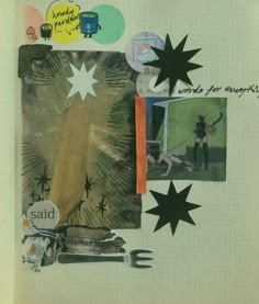 altered collage with black and white images, stars, scissors and words on paper