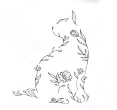 a drawing of a dog with flowers on it's back legs, sitting down