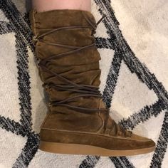 Mid Calf Suede With Leather Wrap Ties. Excellent Condition. One Scuff Of Left Sole. Vintage Mid Calf Suede Boots, Moccasins Style, Michael Kors Shoes, Leather Wraps, Suede Boots, Lace Up Boots, Mid Calf, Moccasins, Shoe Laces