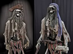 two photos of the same skeleton dressed up as captain jack sparrow and pirate jack sparrow