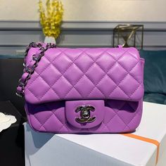 ChanelMini Flap Bag Purple For Women Chanel Mini Flap Bag, Chanel Mini, Luxury Products, Purple Bags, Evening Clutch Bag, Leather Silver, Tote Backpack, Chanel Handbags, Flap Bag