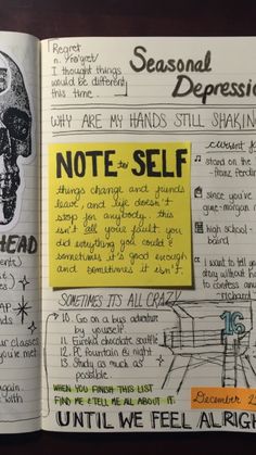 an open notebook with notes on it and a skull in the middle that says, not to self