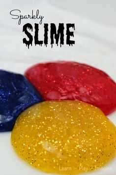 three different colored rocks with the words sparkle slime on them